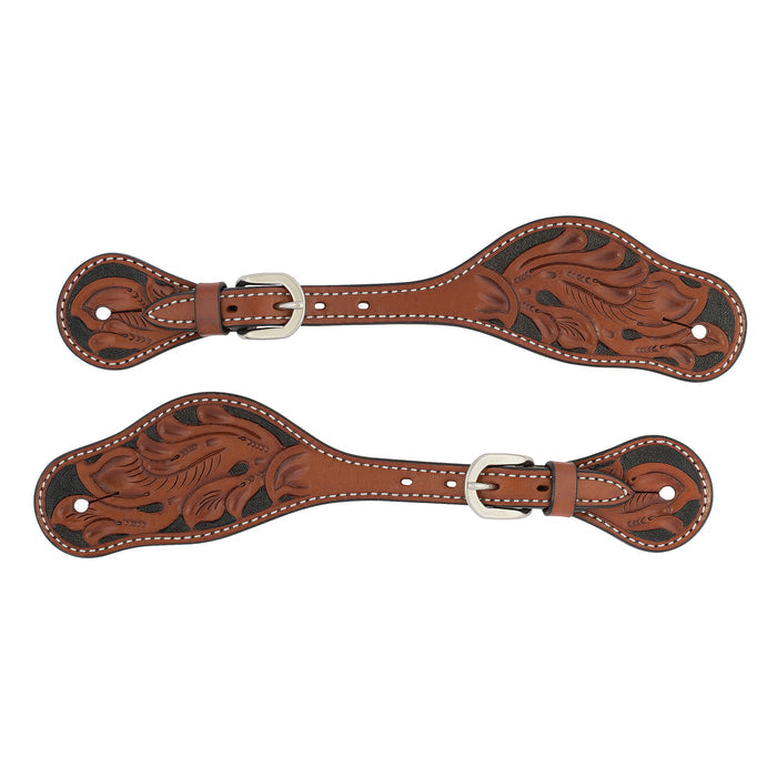 Turquoise Cross Floral Carved Men's Spur Straps