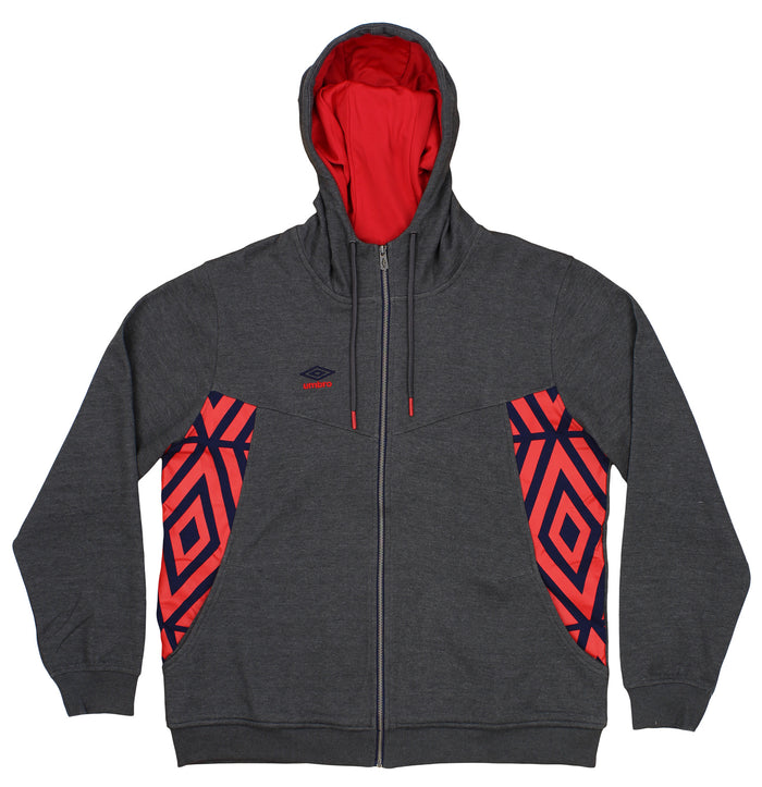 Umbro Men's Full Zip Diamond Fleece Hoodie, Dark Grey Heather/Navy/Red
