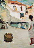 Village Street by Elena Avanesova - girl in white on a pale street below white houses with terracotta roofs