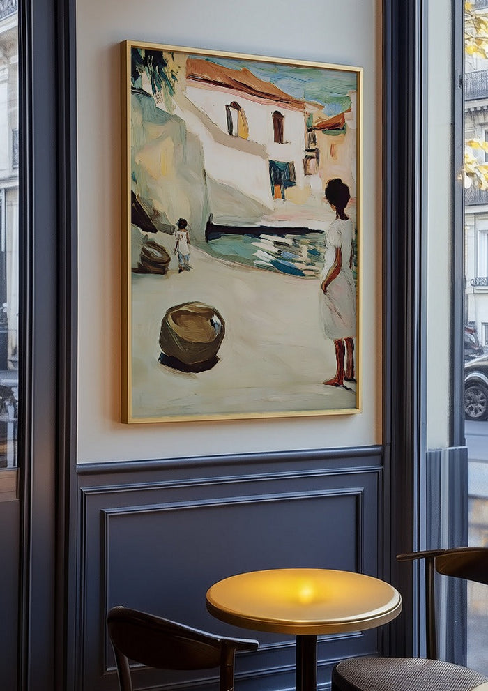 Village Street by Elena Avanesova in an oak frame on a panelled café wall