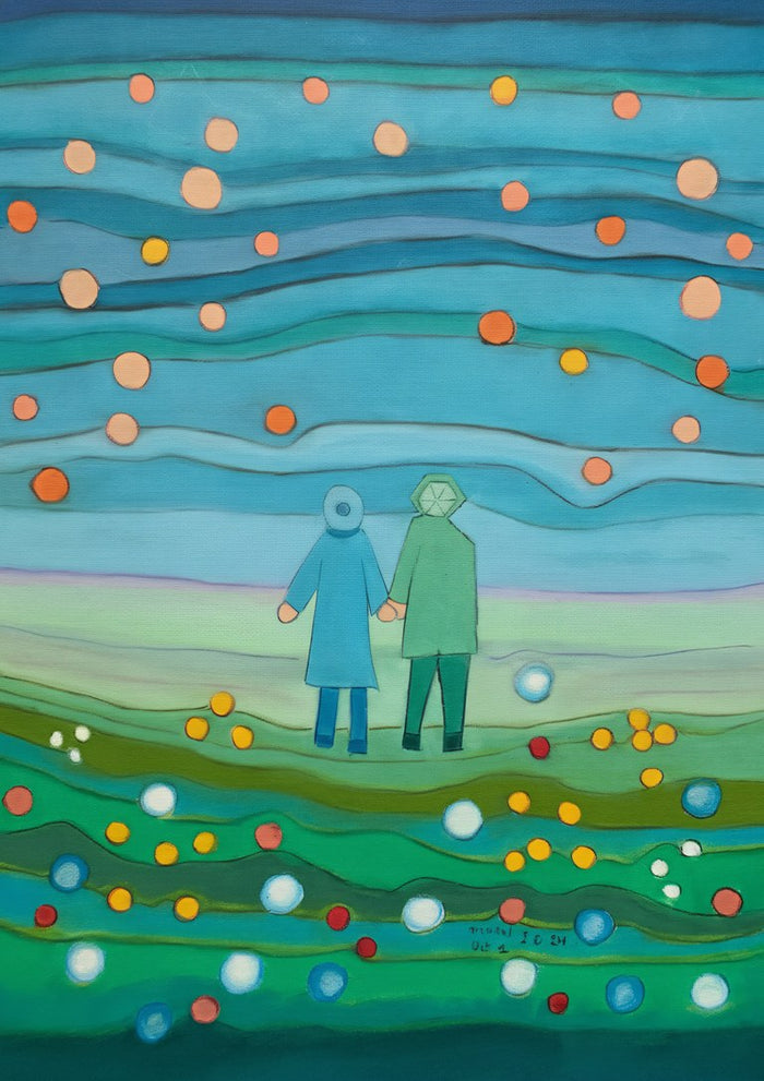 Walking in the Evening by Muni - pastel drawing of a couple hand in hand on a dotted green meadow under a teal sky
