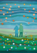 Walking in the Evening by Muni - pastel drawing of a couple hand in hand on a dotted green meadow under a teal sky
