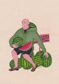 Watermelon side hustle by Daukantė, a man crouching among watermelons beside a pink hand-lettered sign