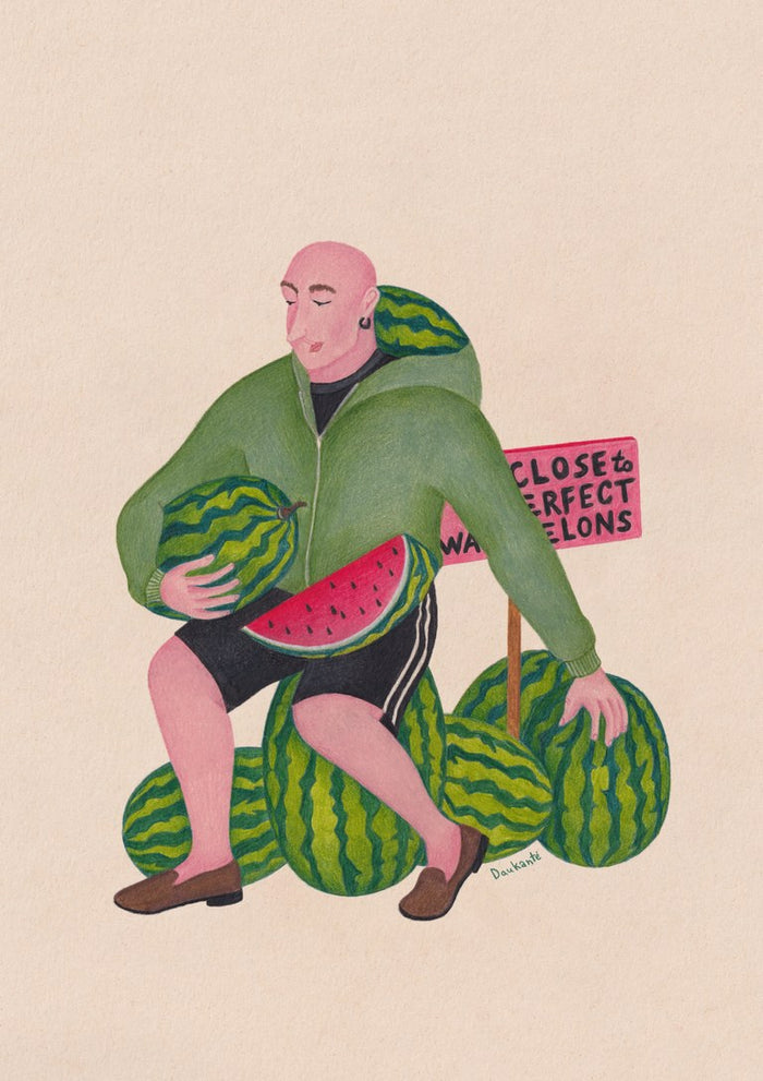 Watermelon side hustle by Daukantė, a man crouching among watermelons beside a pink hand-lettered sign
