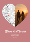 Where it all began, Photo & Map — delt hjerte med gadekort i venstre halvdel og eget foto i højre, på dusty rose bund