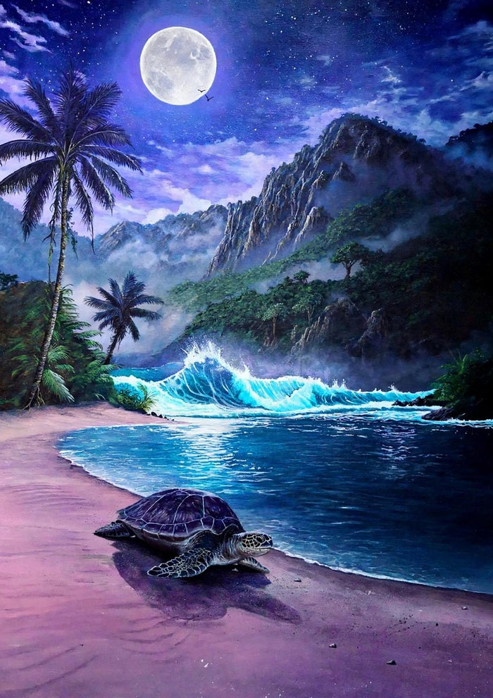 Where moonlight sleeps by Alan Minshull, a green sea turtle on a moonlit tropical beach with palm trees and a breaking turquoise wave