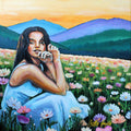 Where Wildflowers Dream by Nella Hajdu - woman in blue among cosmos flowers before mountains