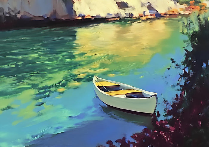 White Boat on the Lagoon by Elena Avanesova - white rowing boat on turquoise water below pale sunlit cliffs