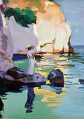Woman by the Cliffs by Elena Avanesova - woman in white and a sun hat on a rock below pale cliffs by turquoise water