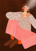 Illustration of a woman in striped pants and polka dot shirt sipping tea, from Bea Muller's Woman With the Cup of Tea.