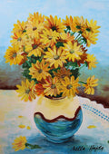Yellow flowers by Nella Hajdu - yellow daisies in a cream and blue vase