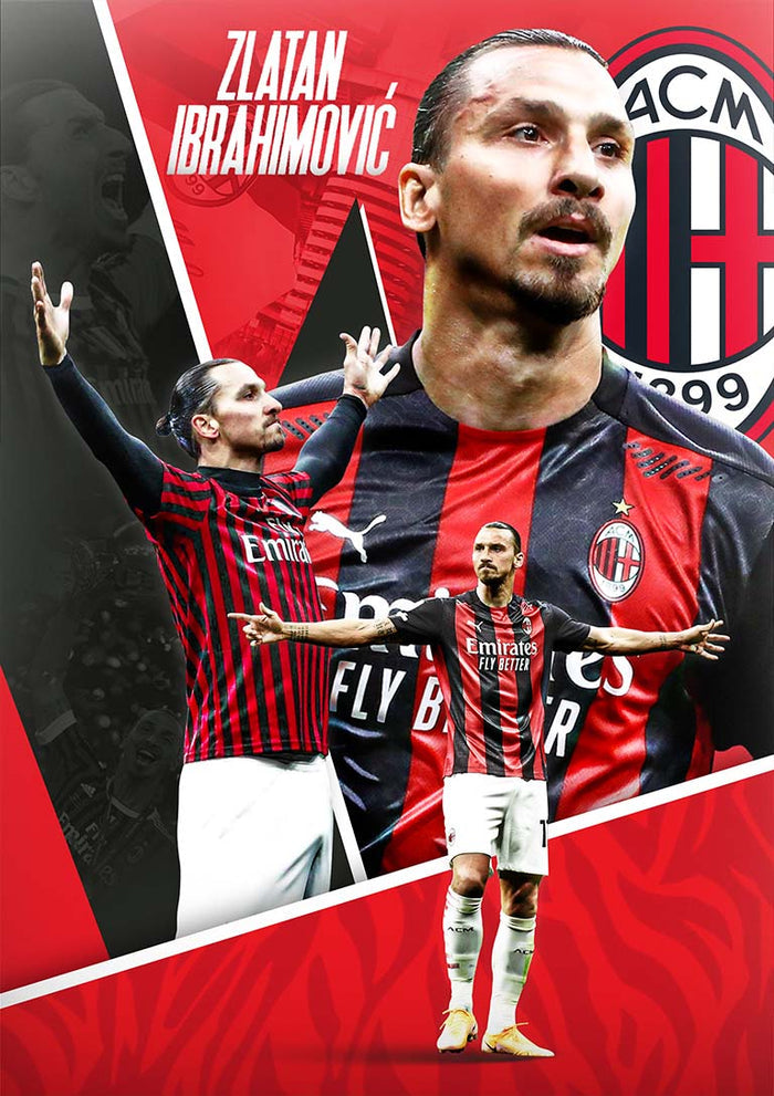 Football poster featuring Zlatan Ibrahimović in AC Milan kit with club logo and dynamic poses.