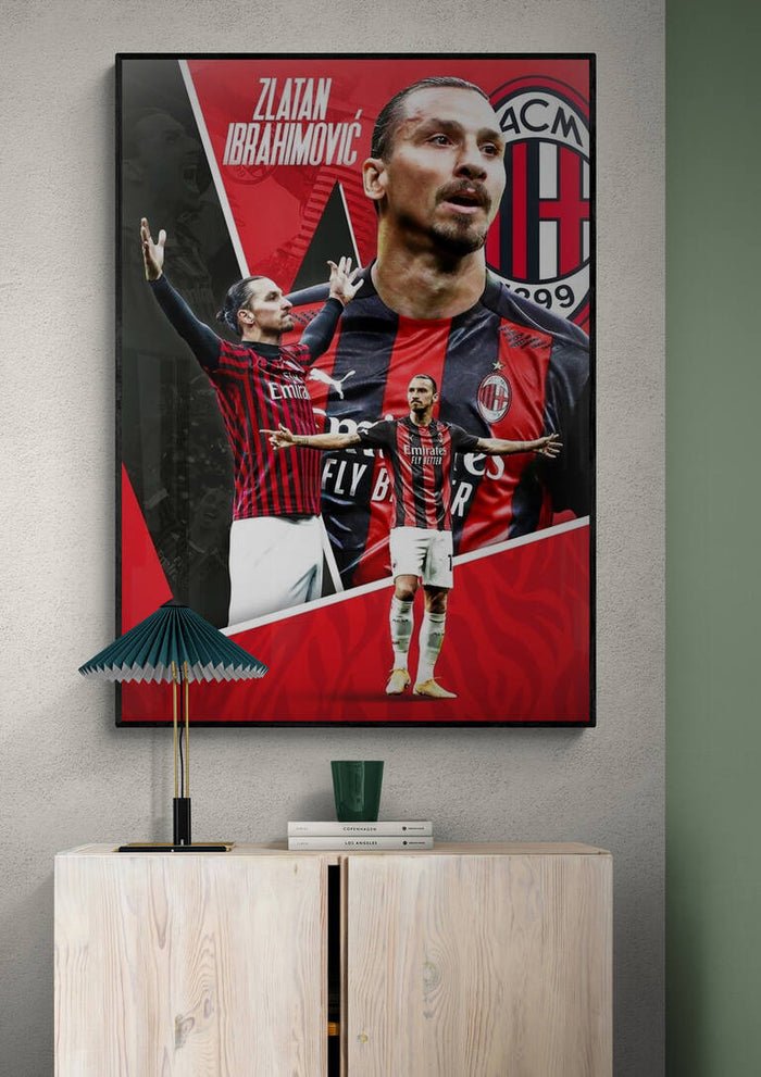 Zlatan Ibrahimović football poster featuring three action poses in AC Milan kit with the club logo in the background.