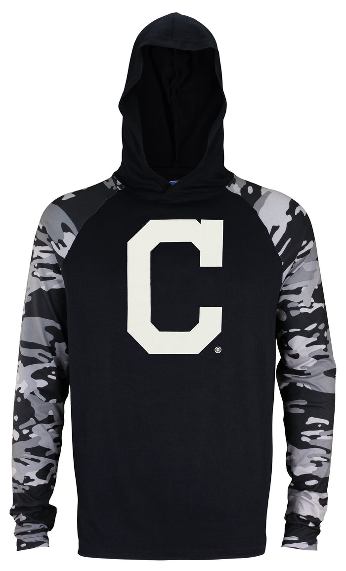 Zubaz MLB Men's Cleveland Indians Solid Black Tonal Camo Sleeves Hooded Shirt